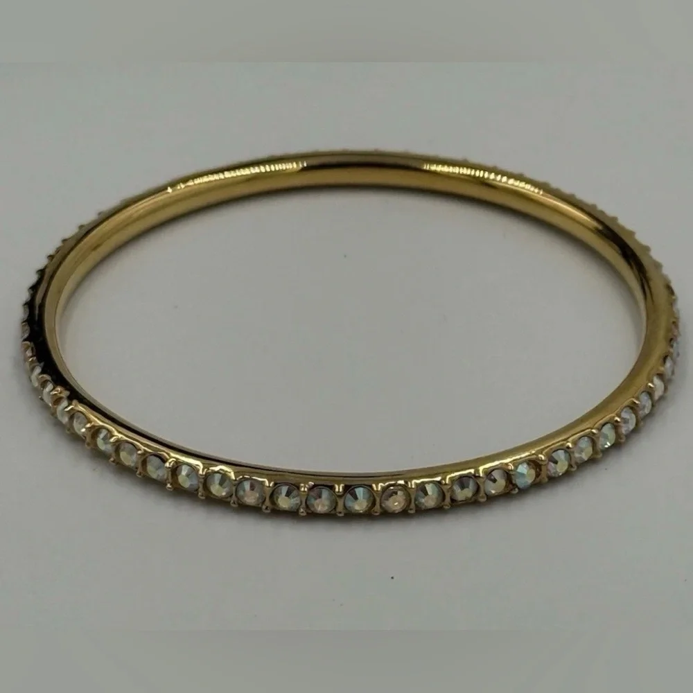 St. John Gold Plate Bangle Bracelet Iridescent Clear Swarovski Crystals 8.25" - Picture 2 of 7